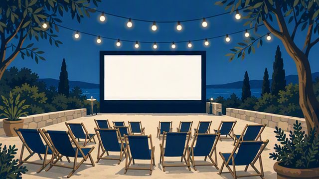Illustration of an open air summer cinema with deck chairs and a screen