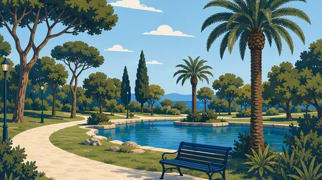 Illustration of a sunny park with trees, a footpath and a pond