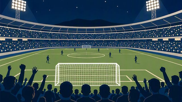 Illustration of a floodlit football stadium at night